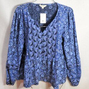 Lucky Brand Women’s Top L Blue Floral Peasant Boho Long Sleeve V-Neck Blouse NWT